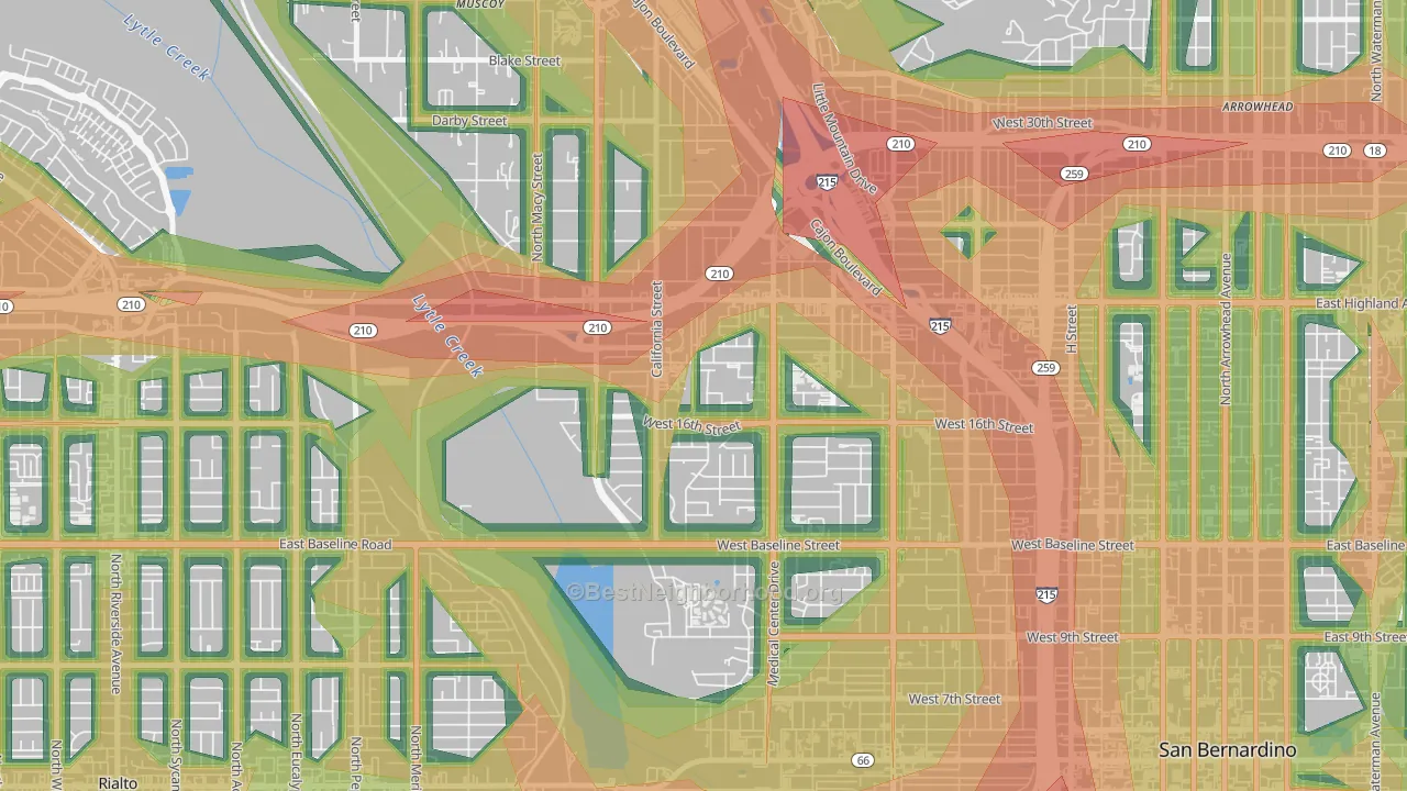 Shirrells, San Bernardino, CA Map of Noise Levels in Shirrells