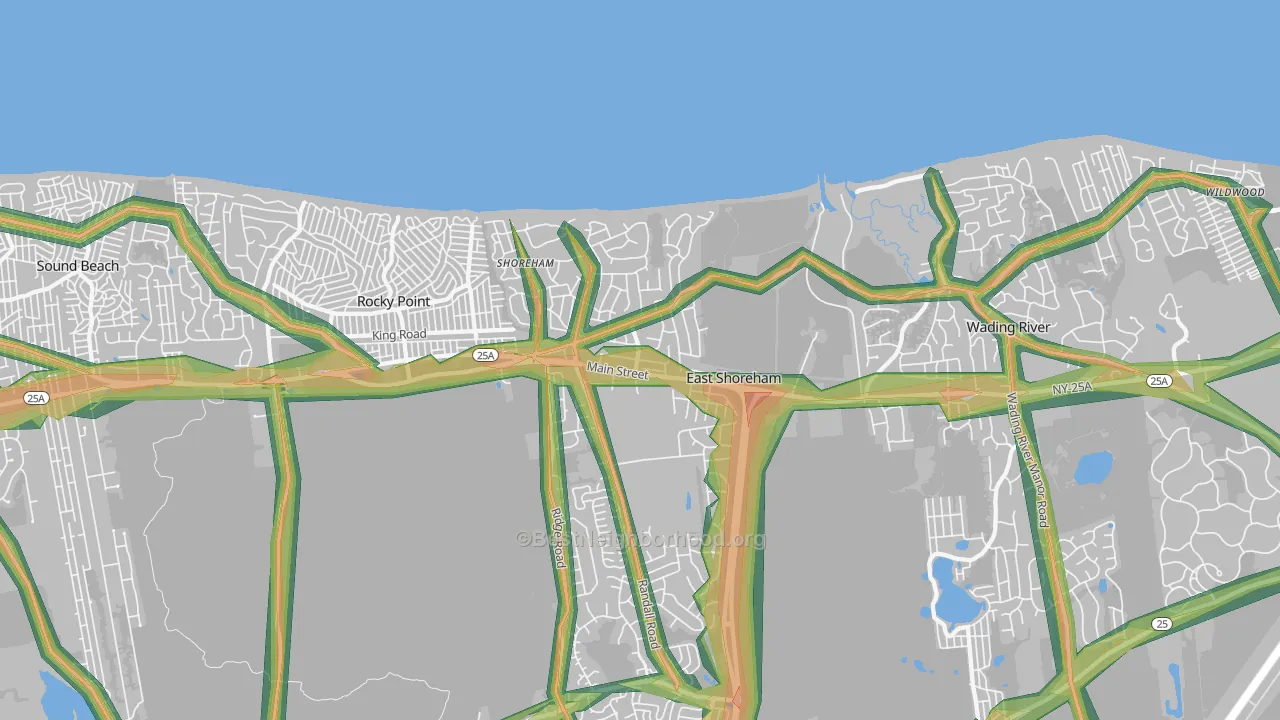 Shoreham, NY Map of Noise Levels in Shoreham