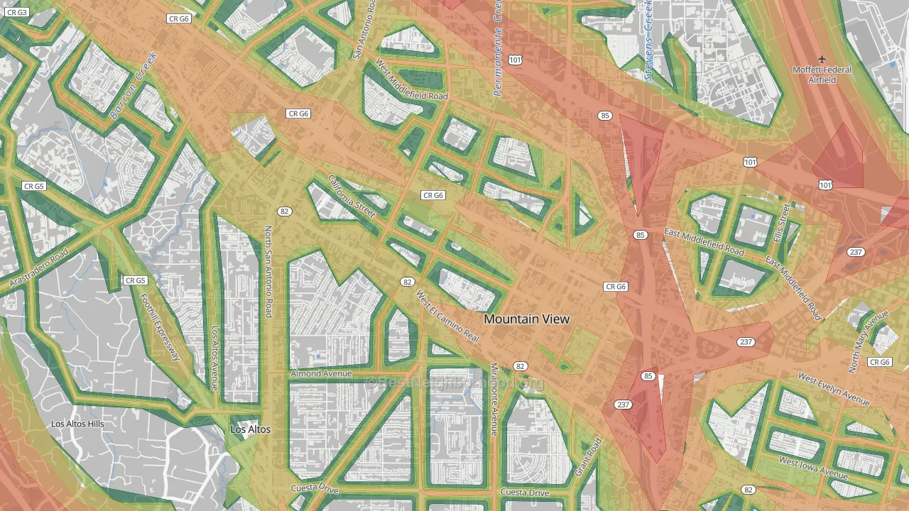 Shoreline West, Mountain View, CA Map of Noise Levels in Shoreline West