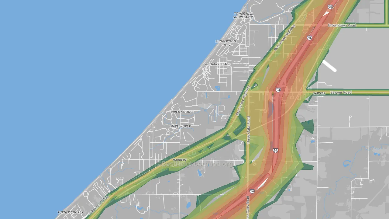 Shorewood-Tower Hills-Harbert, MI Map of Noise Levels in Shorewood-Tower Hills-Harbert