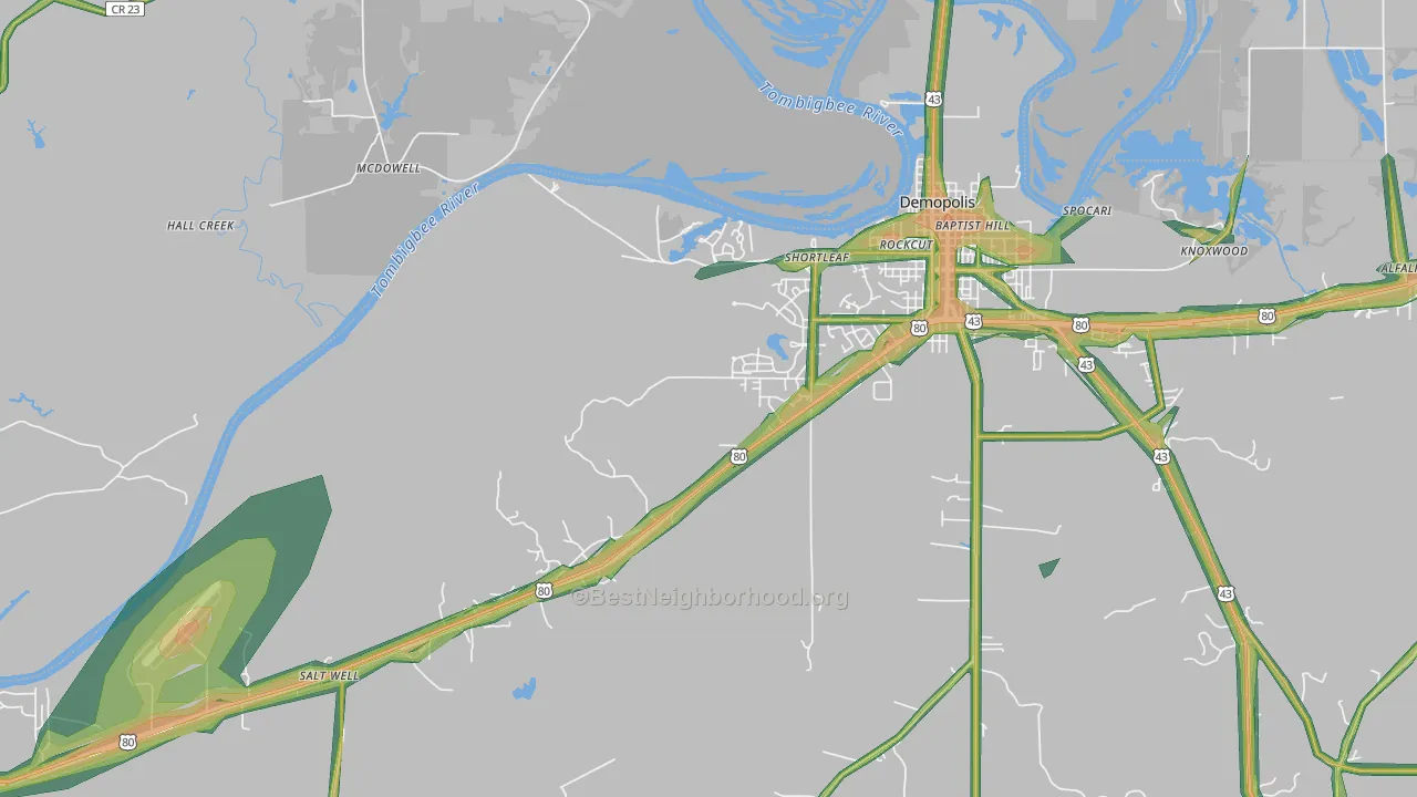 Shortleaf, AL Map of Noise Levels in Shortleaf