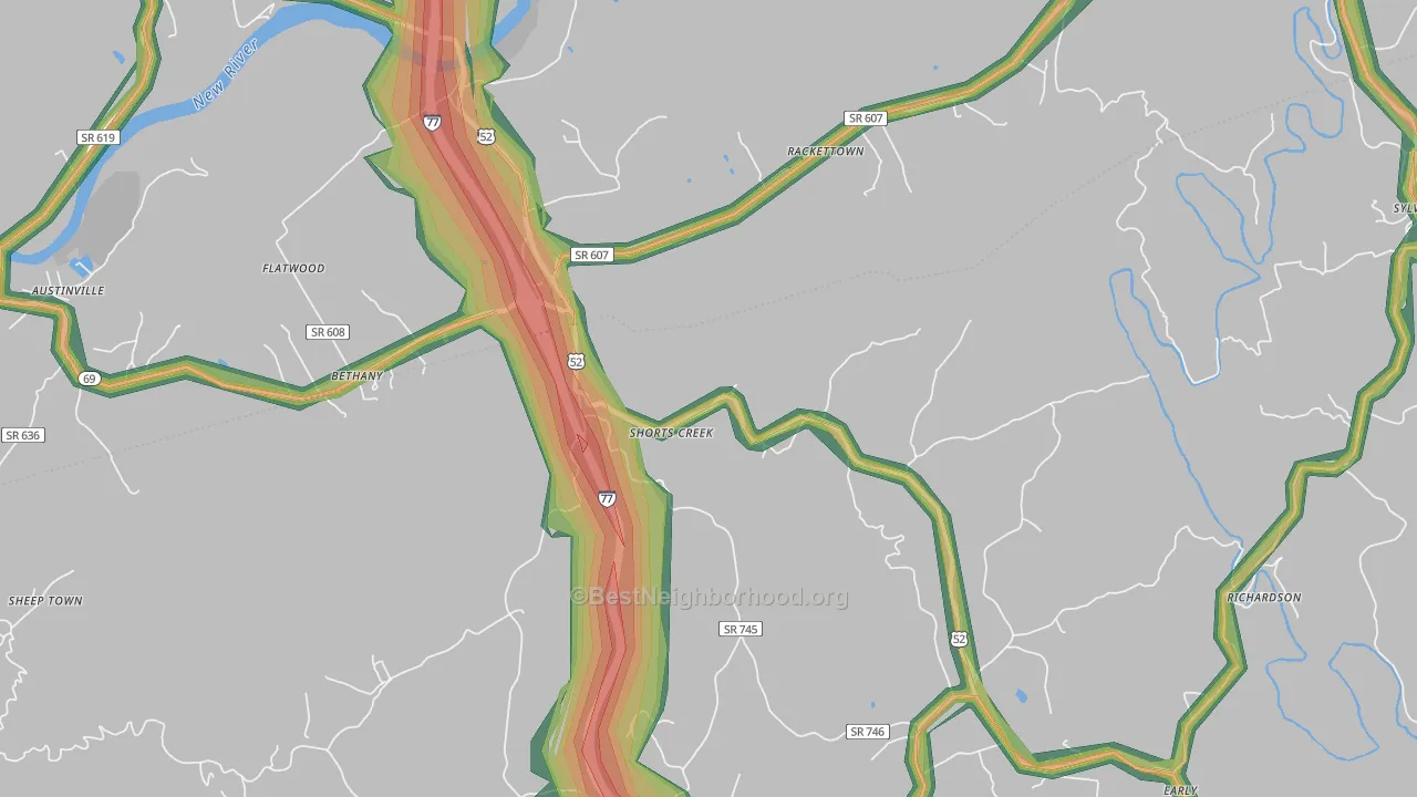 Shorts Creek, VA Map of Noise Levels in Shorts Creek