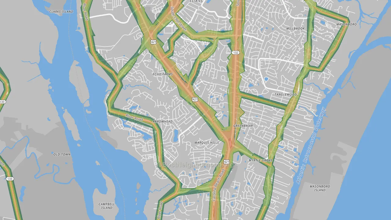 Silver Lake, Wilmington, NC Map of Noise Levels in Silver Lake