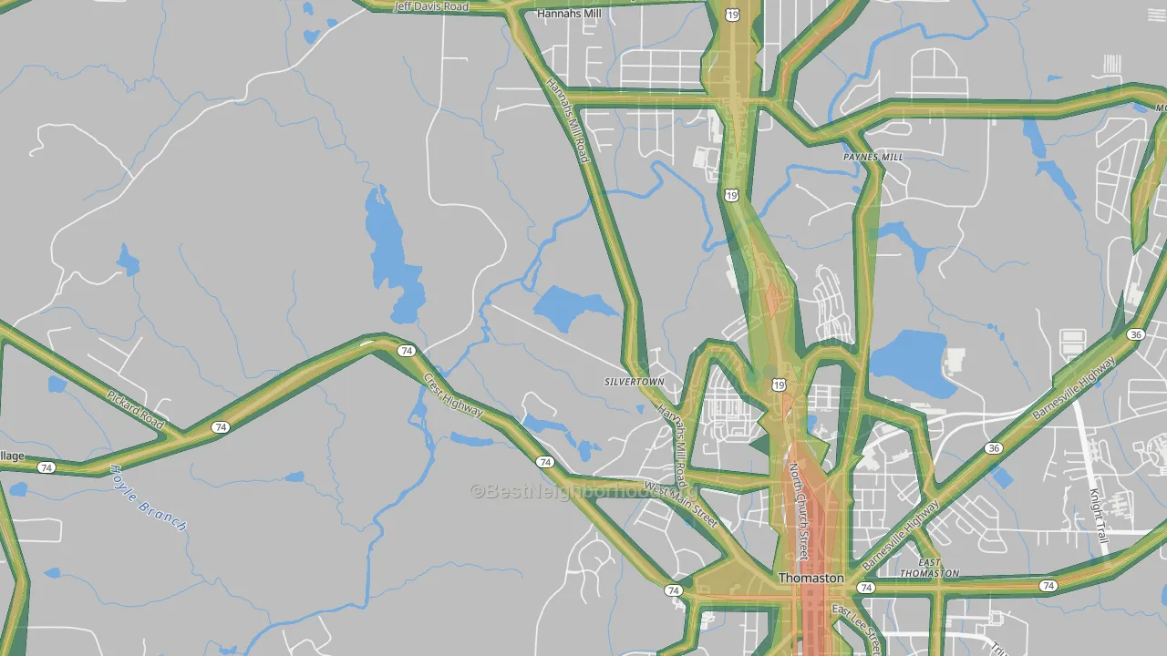Silvertown, GA Map of Noise Levels in Silvertown