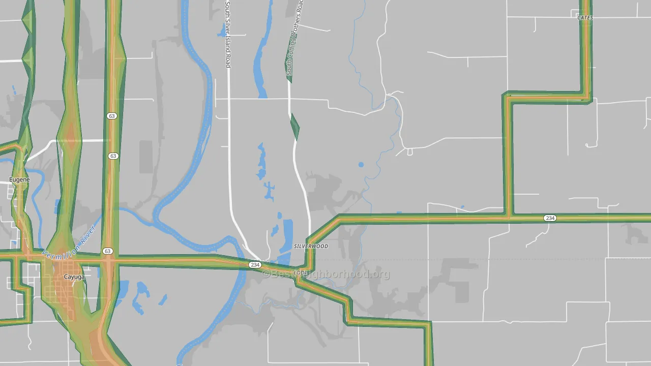 Silverwood, IN Map of Noise Levels in Silverwood