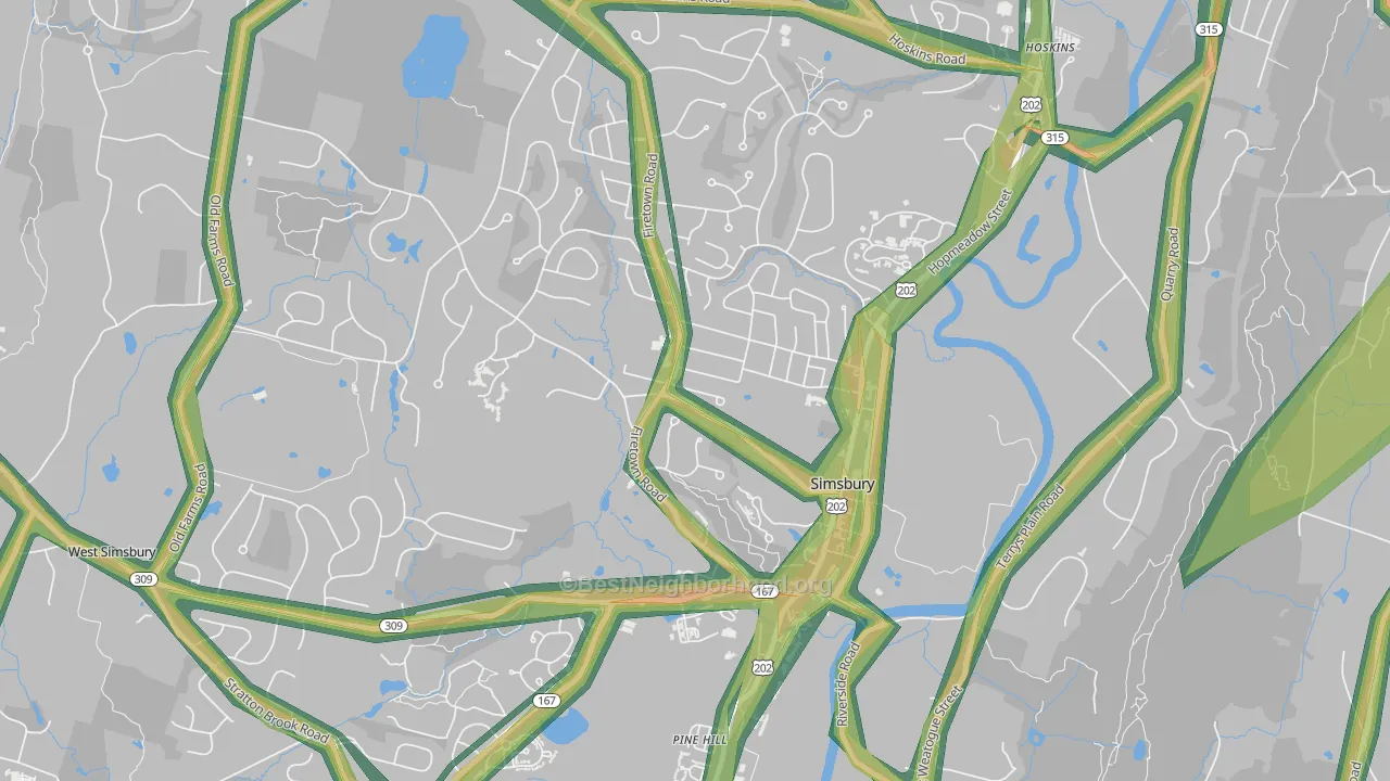 Simsbury Center, CT Map of Noise Levels in Simsbury Center