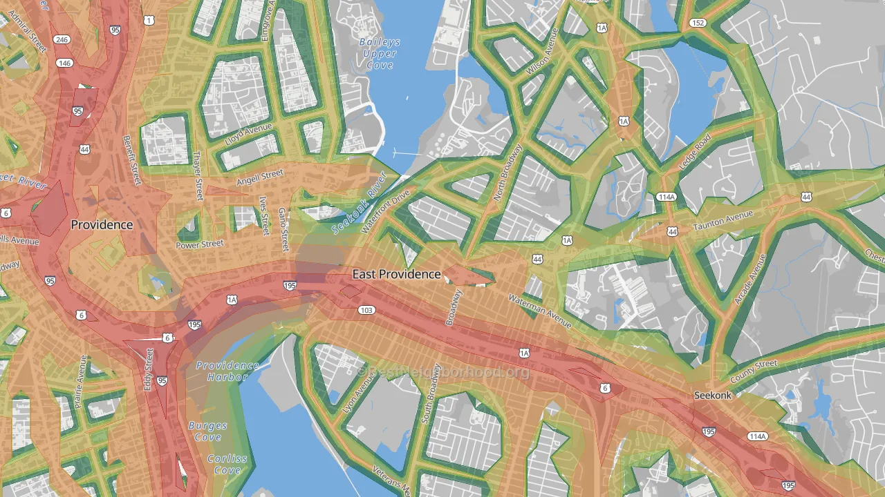 Six Corners, East Providence, RI Map of Noise Levels in Six Corners