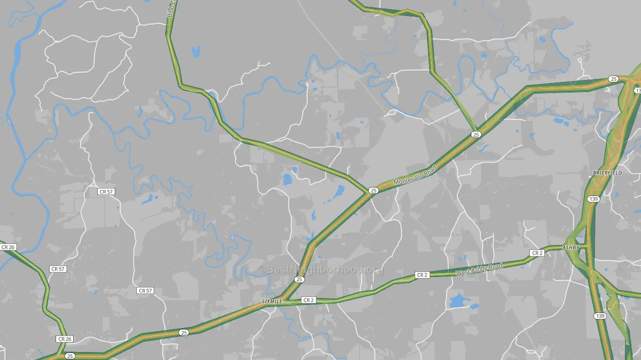 Six Mile, AL Map of Noise Levels in Six Mile