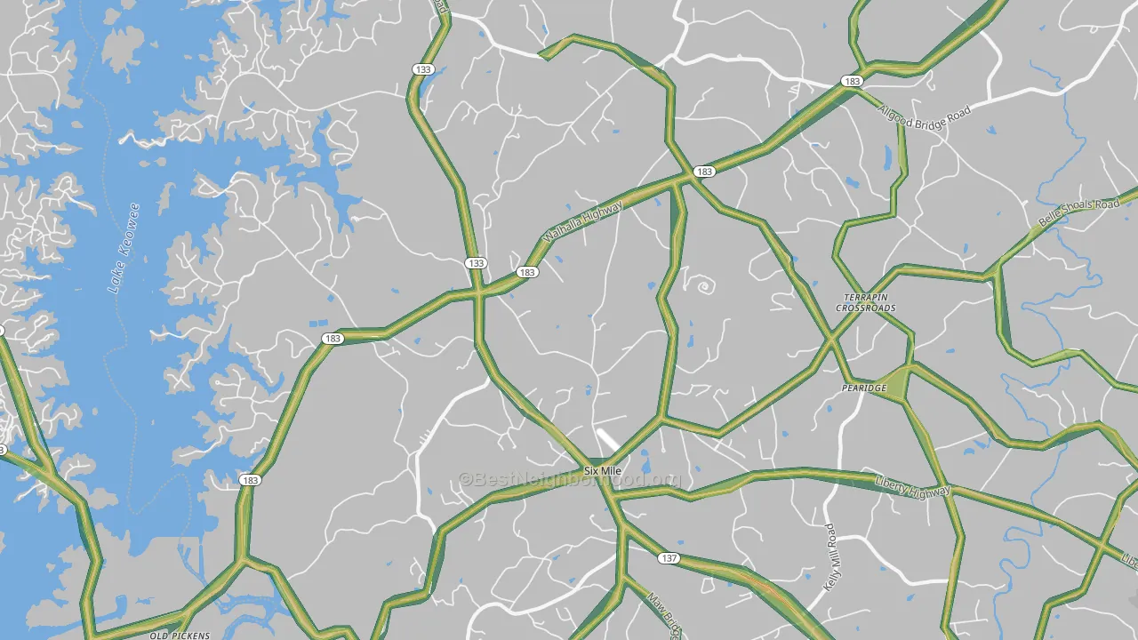 Six Mile, SC Map of Noise Levels in Six Mile
