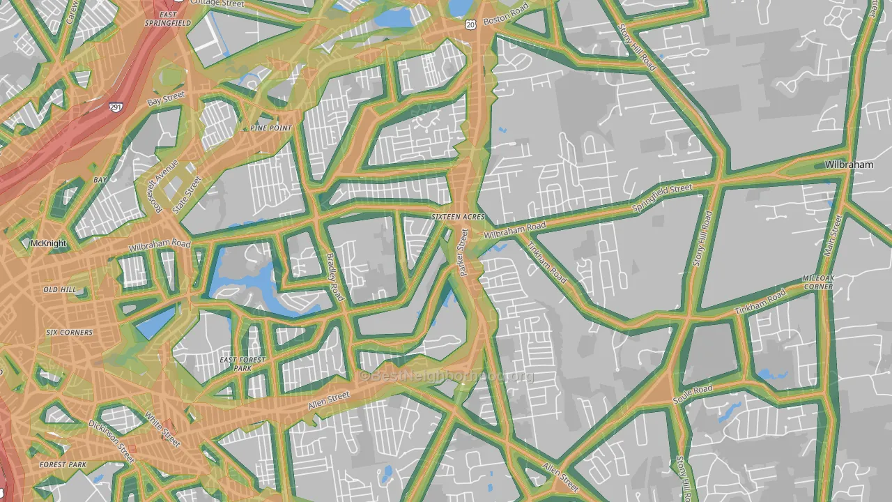 Sixteen Acres, Springfield, MA Map of Noise Levels in Sixteen Acres
