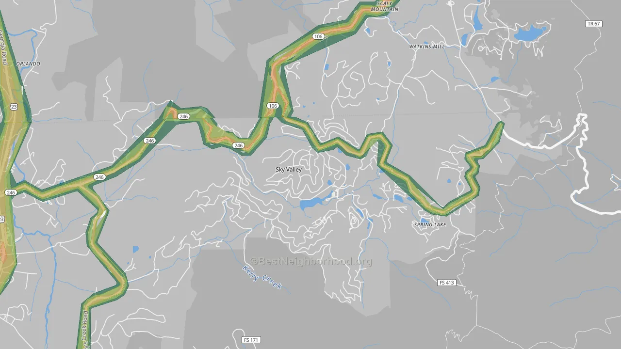 Sky Valley, GA Map of Noise Levels in Sky Valley