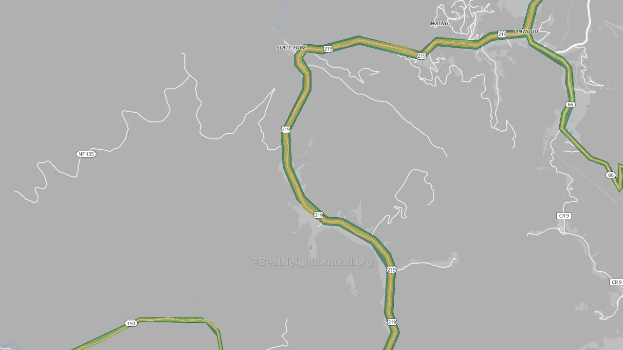 Slatyfork, WV Map of Noise Levels in Slatyfork