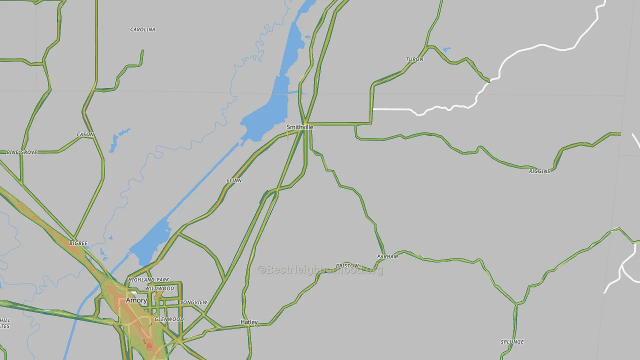 Smithville, MS Map of Noise Levels in Smithville