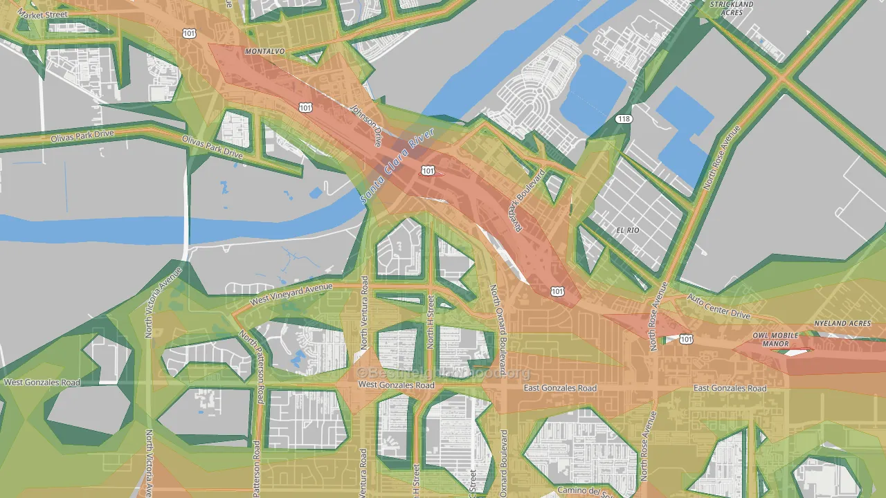 South Bank, Oxnard, CA Map of Noise Levels in South Bank