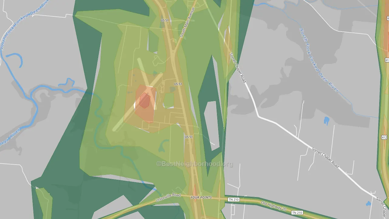 South Dyersburg, TN Map of Noise Levels in South Dyersburg