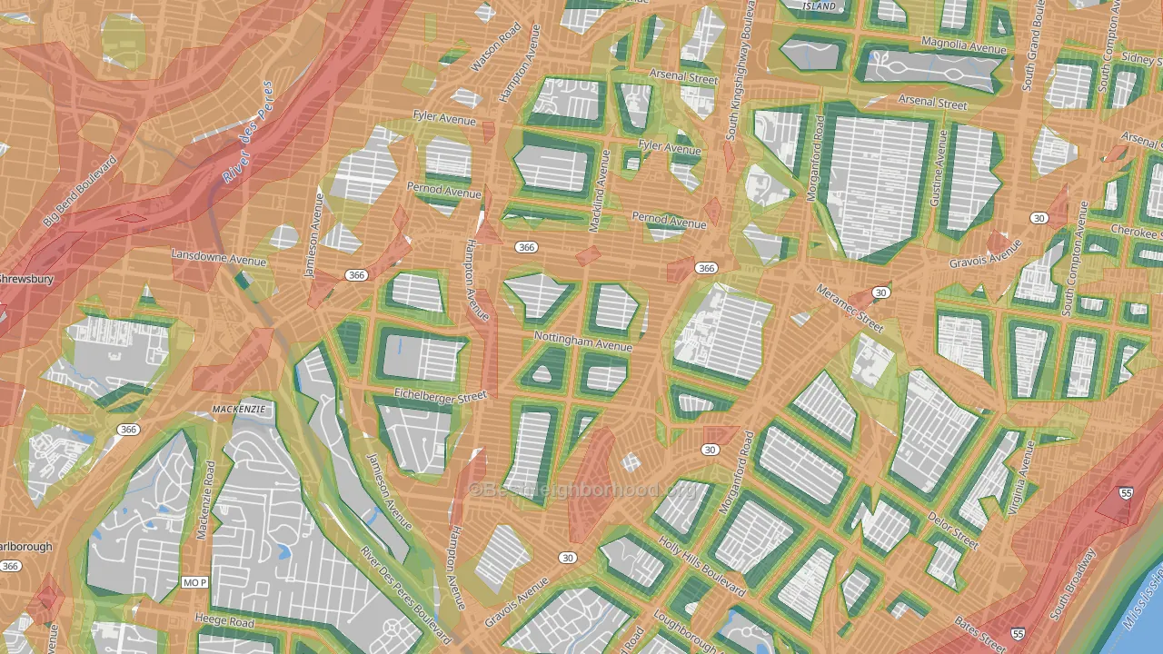 South Hampton, St. Louis, MO Map of Noise Levels in South Hampton