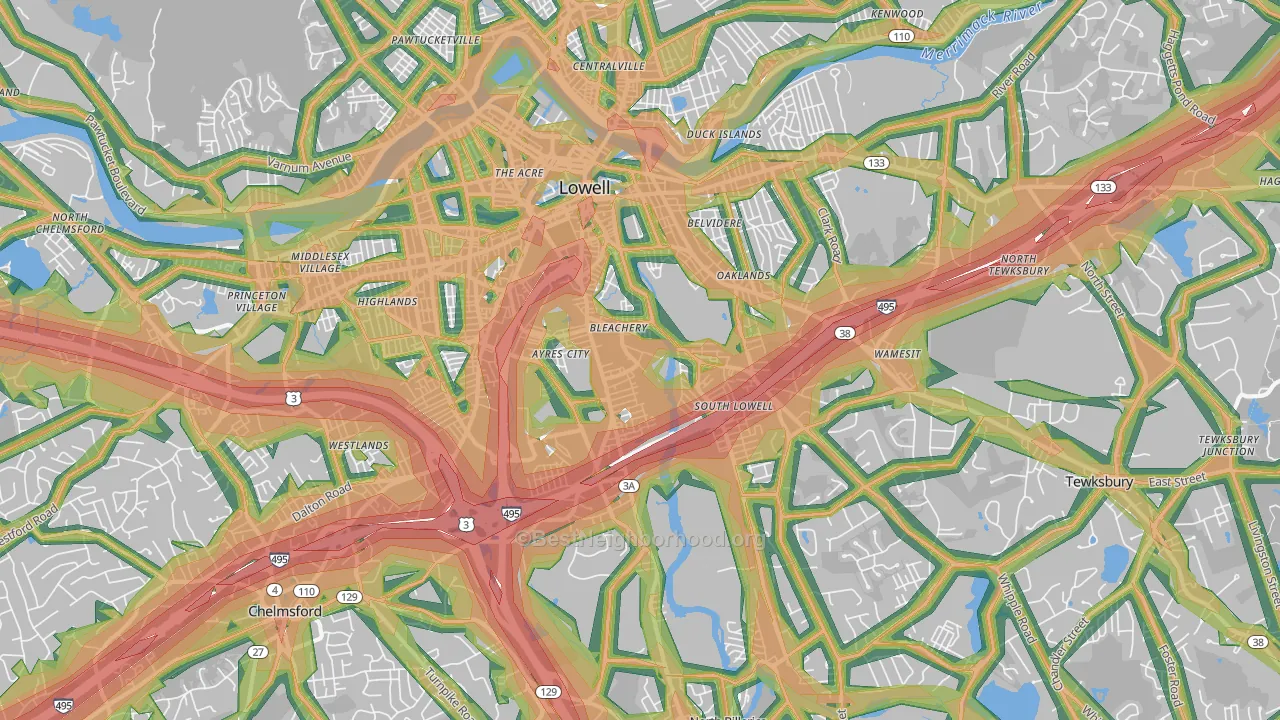 South Lowell, Lowell, MA Map of Noise Levels in South Lowell