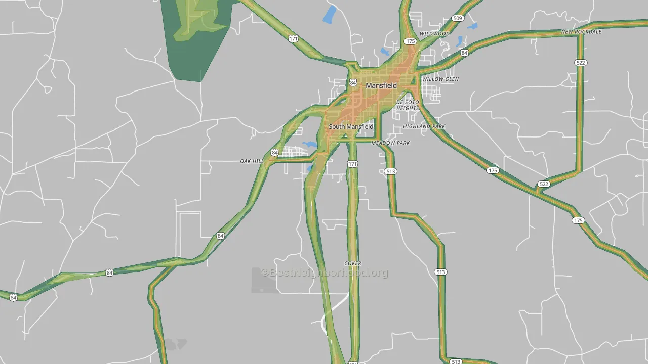South Mansfield, LA Map of Noise Levels in South Mansfield