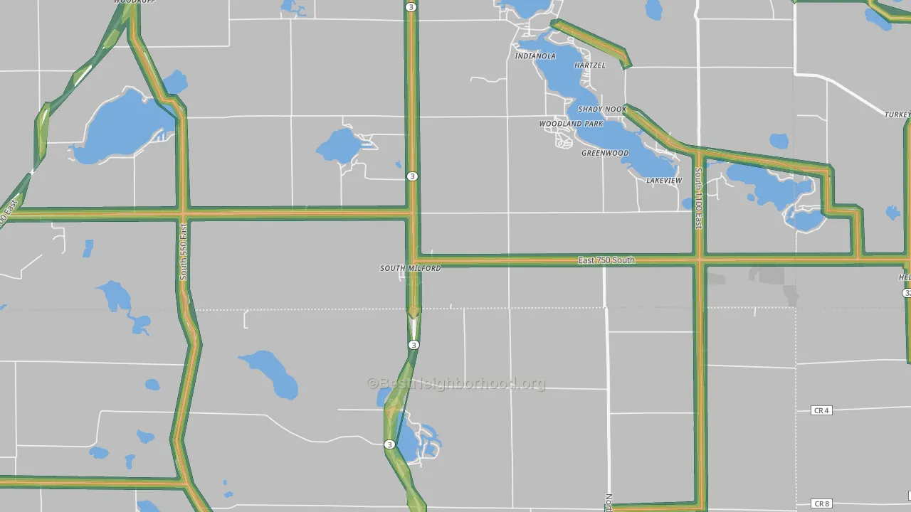 South Milford, IN Map of Noise Levels in South Milford