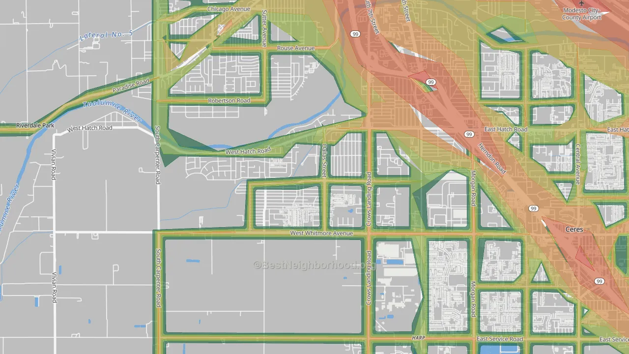 South Modesto Acres, Modesto, CA Map of Noise Levels in South Modesto Acres