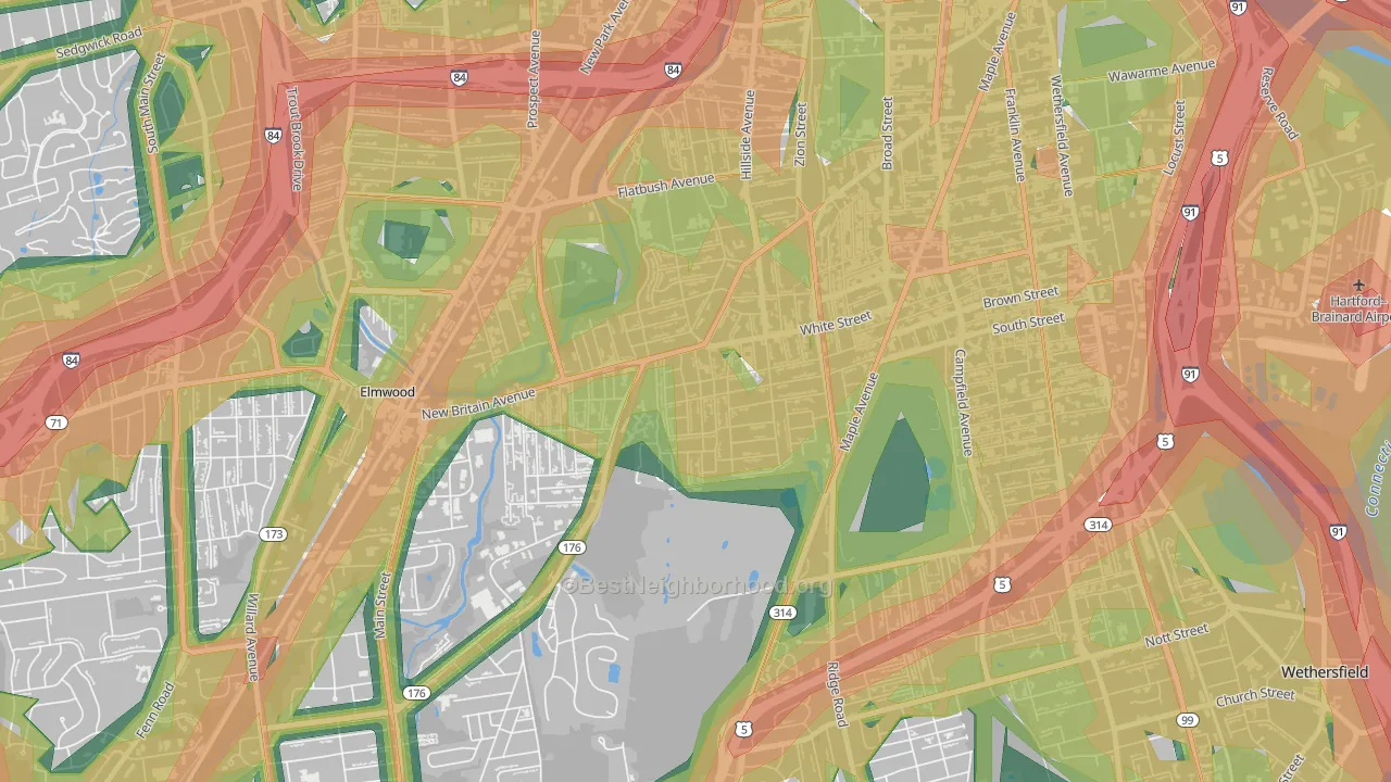 South West, Hartford, CT Map of Noise Levels in South West