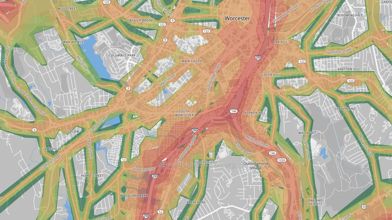 South Worcester, Worcester, MA Map of Noise Levels in South Worcester
