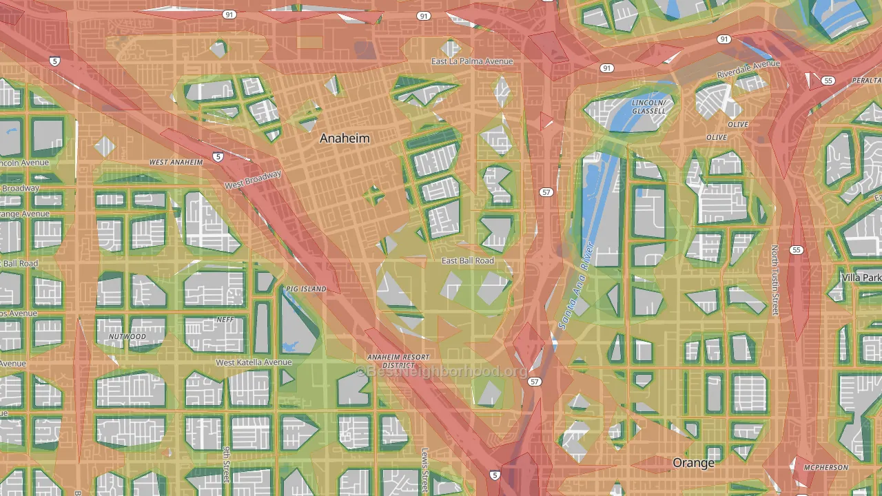 Southeast, Anaheim, CA Map of Noise Levels in Southeast