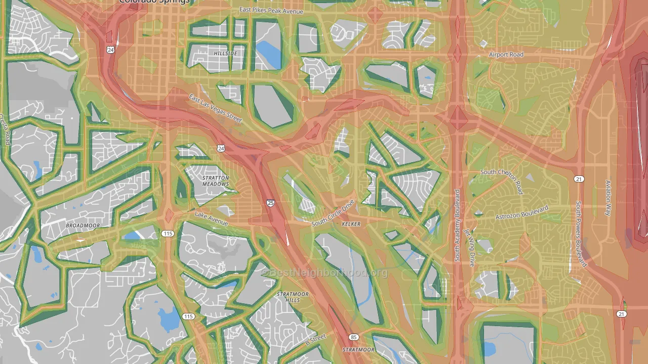 Southeast Colorado Springs, Colorado Springs, CO Map of Noise Levels in Southeast Colorado Springs