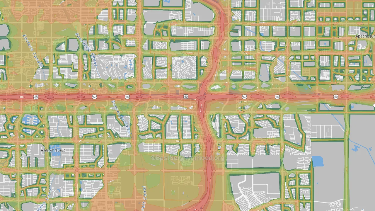 Southeast Mesa, Mesa, AZ Map of Noise Levels in Southeast Mesa