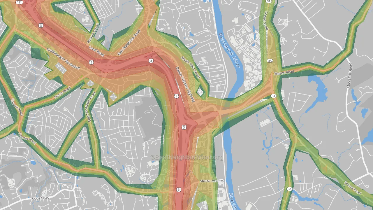 Southeast Nashua, Nashua, NH Map of Noise Levels in Southeast Nashua