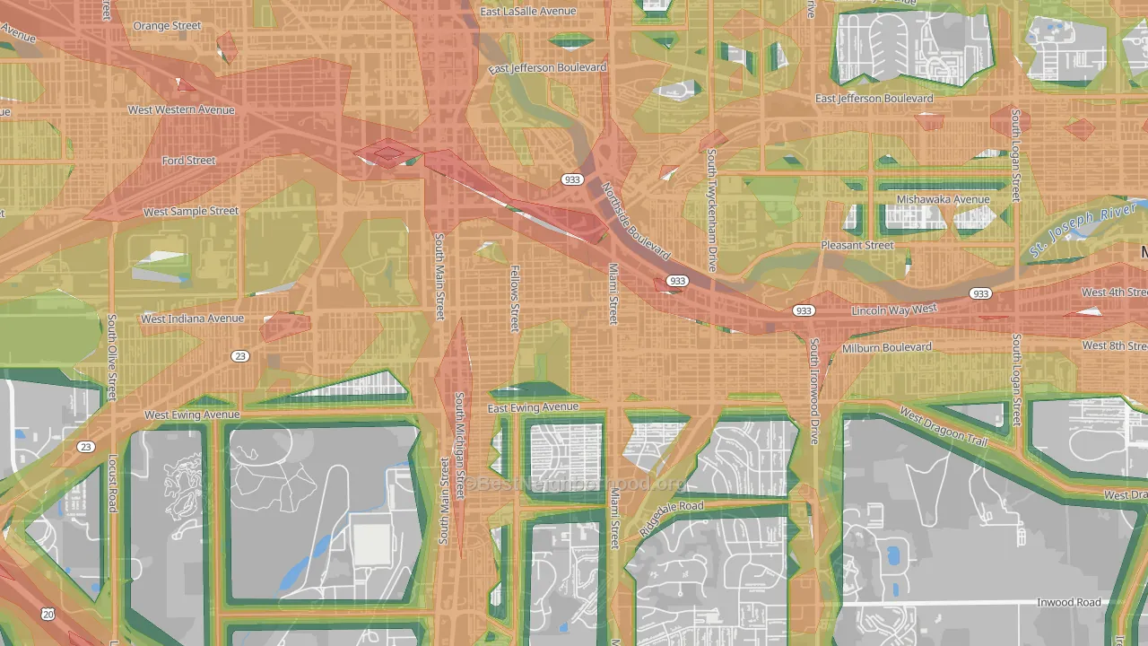 Southeast Quality, South Bend, IN Map of Noise Levels in Southeast Quality