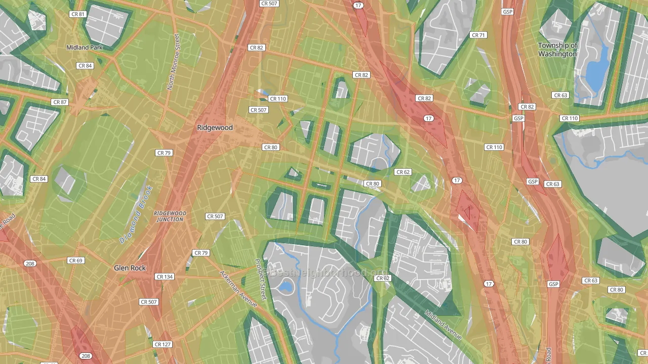 Southeast Ridgewood, Ridgewood, NJ Map of Noise Levels in Southeast Ridgewood