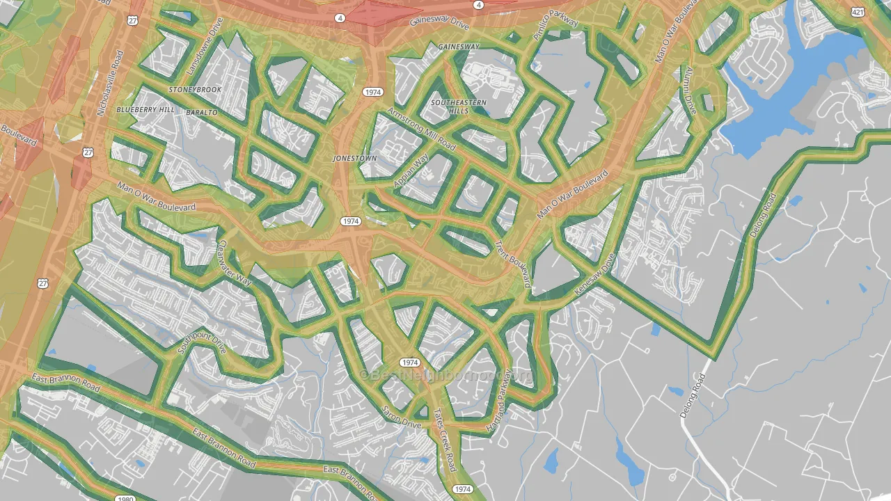 Southeastern Hills, Lexington, KY Map of Noise Levels in Southeastern Hills