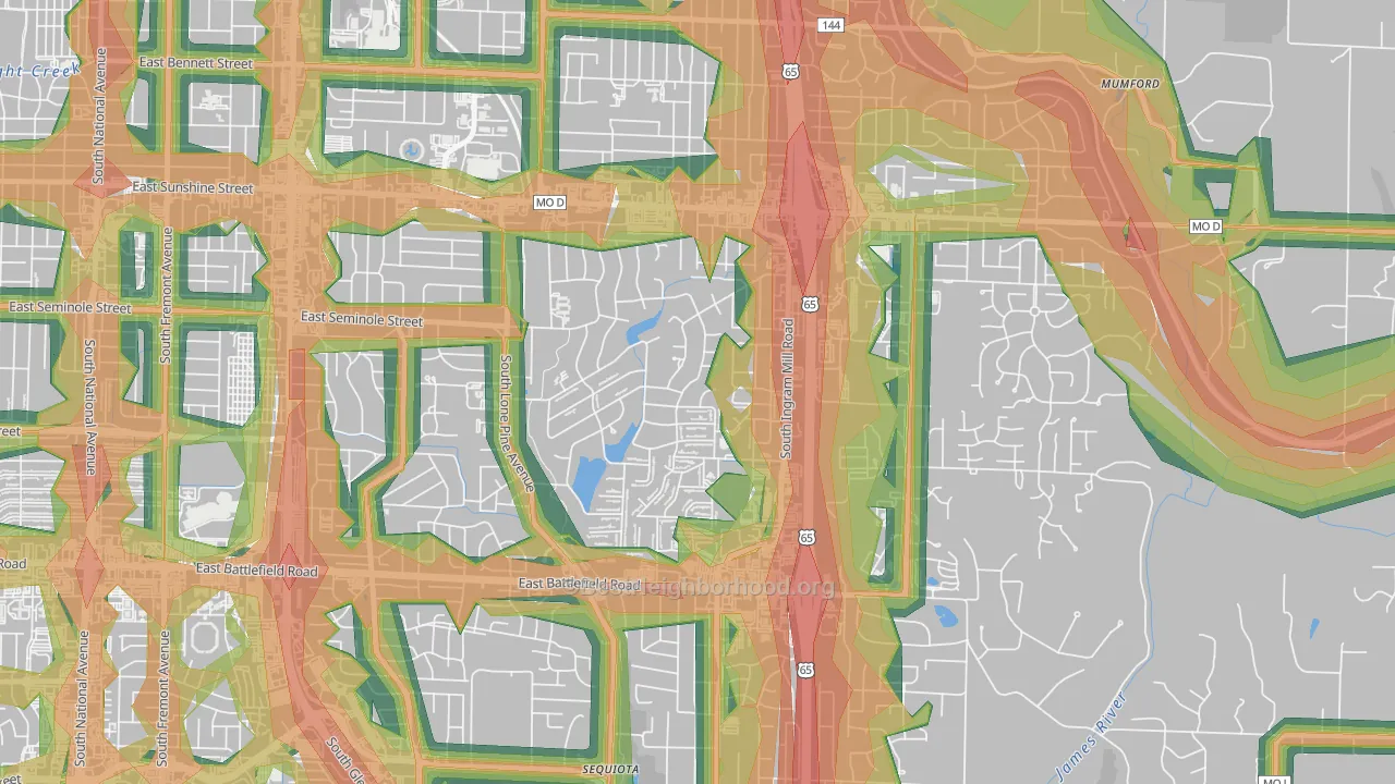 Southern Hills, Springfield, MO Map of Noise Levels in Southern Hills