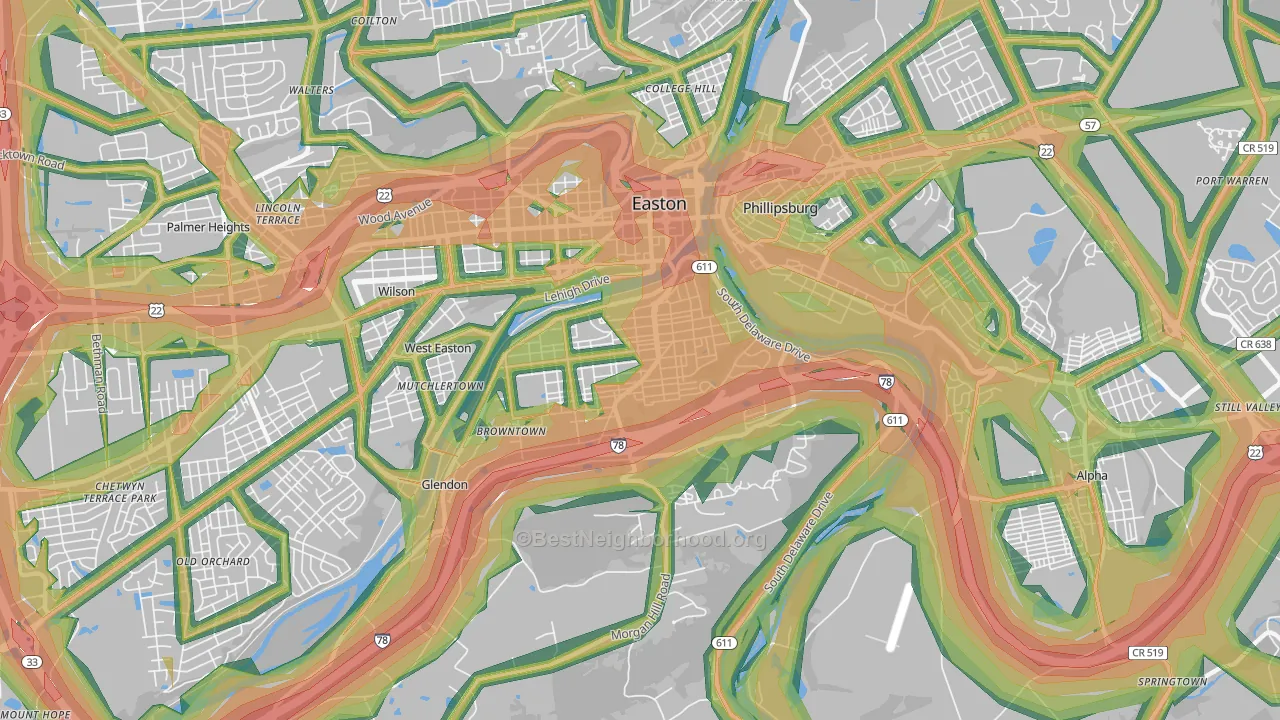 Southside, Easton, PA Map of Noise Levels in Southside