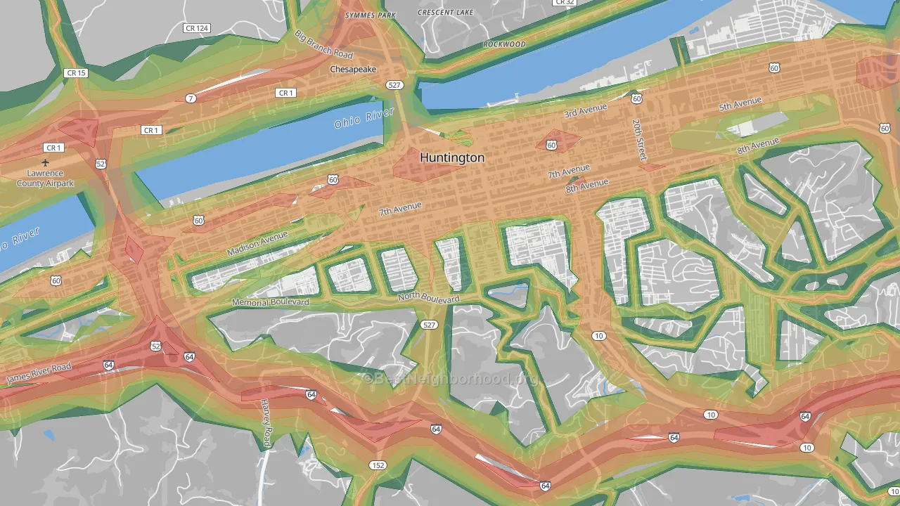 Southside, Huntington, WV Map of Noise Levels in Southside