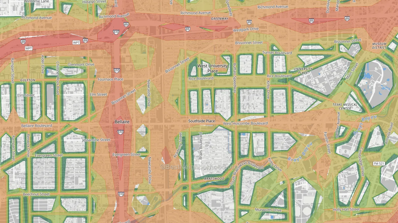 Southside Place, TX Map of Noise Levels in Southside Place