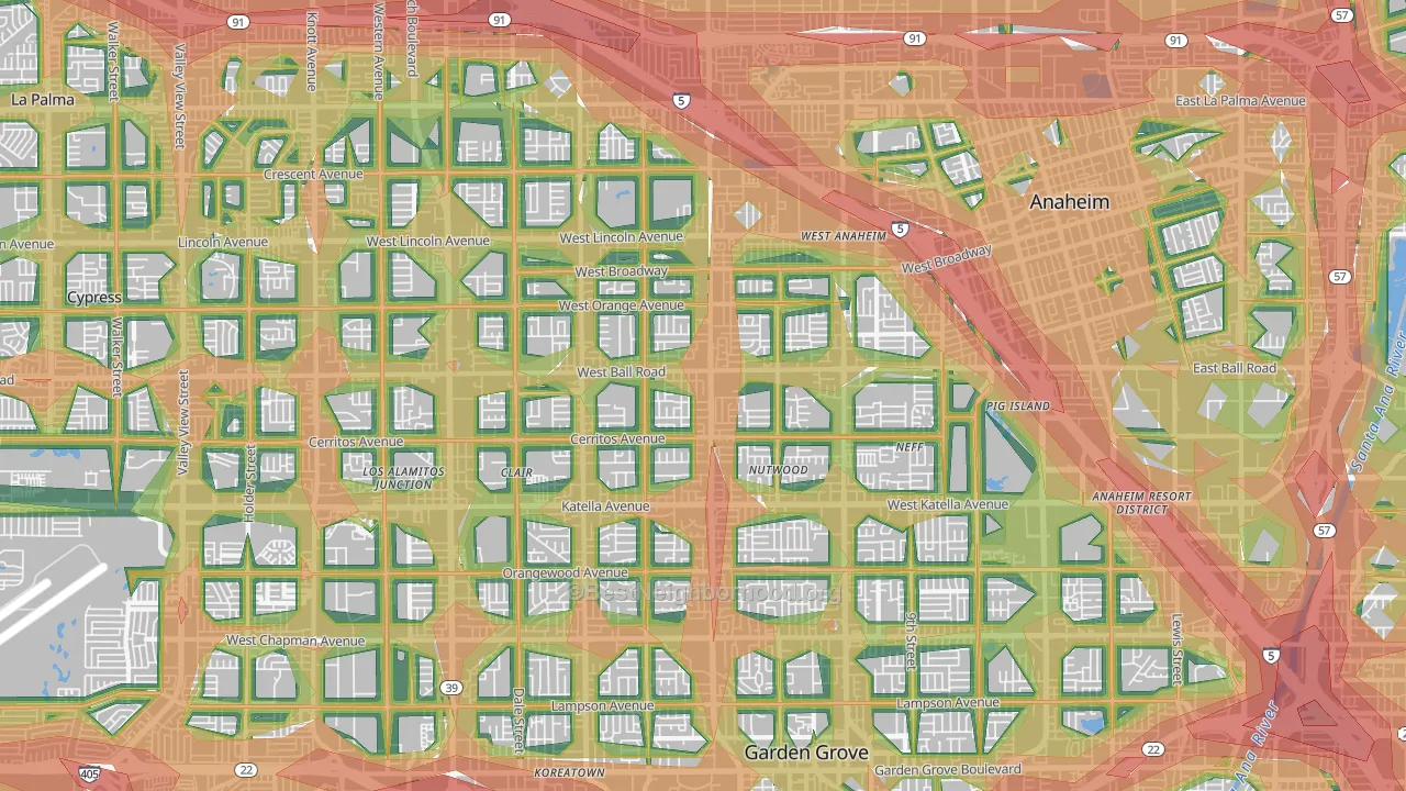 Southwest, Anaheim, CA Map of Noise Levels in Southwest