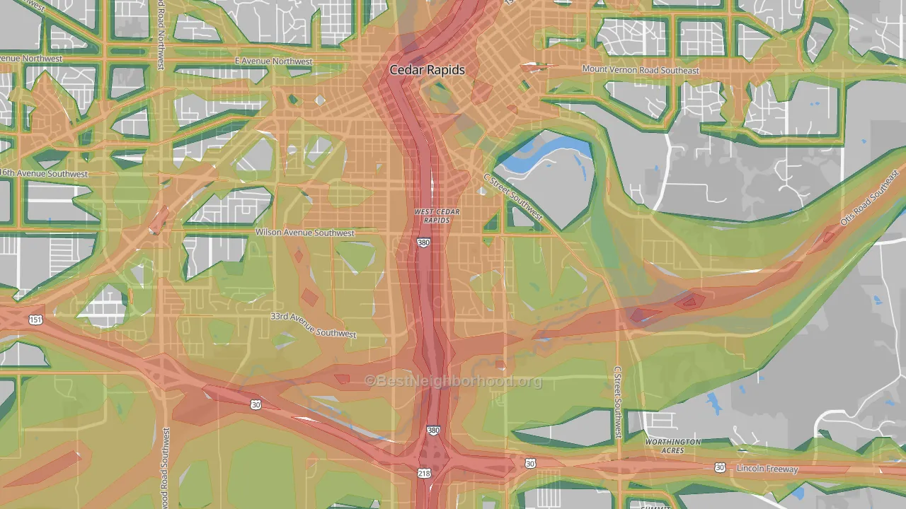 Southwest Area, Cedar Rapids, IA Map of Noise Levels in Southwest Area