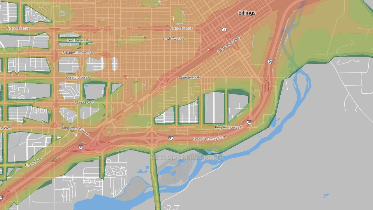 Southwest Corridor, Billings, MT Map of Noise Levels in Southwest Corridor