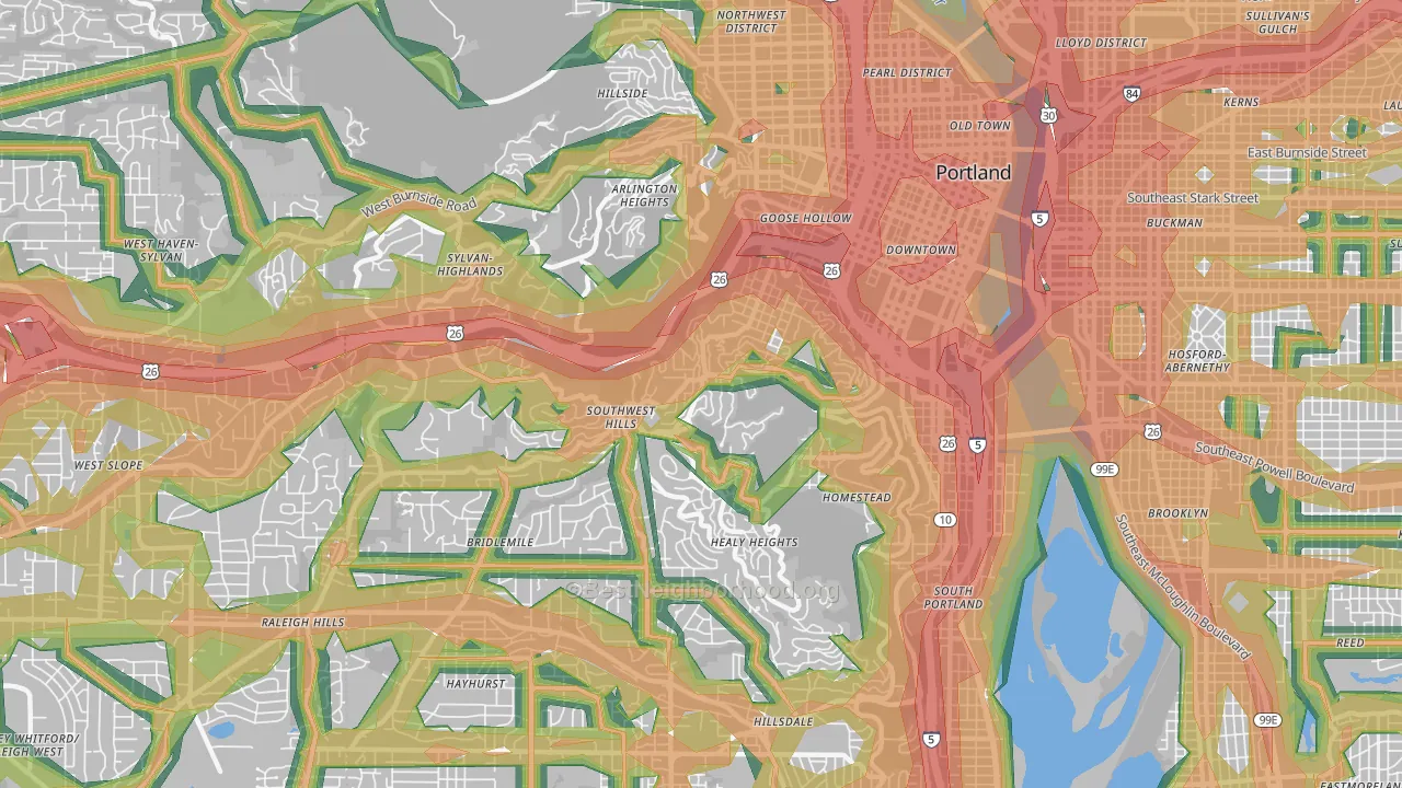 Southwest Hills, Portland, OR Map of Noise Levels in Southwest Hills