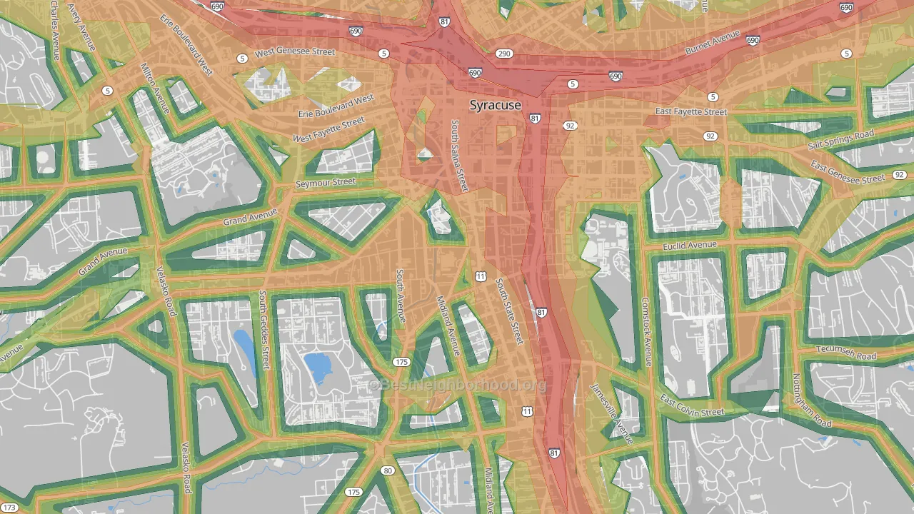 Southwest, Syracuse, NY Map of Noise Levels in Southwest