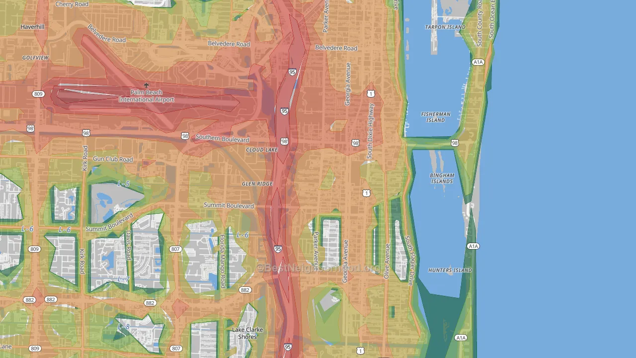 Southwest, West Palm Beach, FL Map of Noise Levels in Southwest
