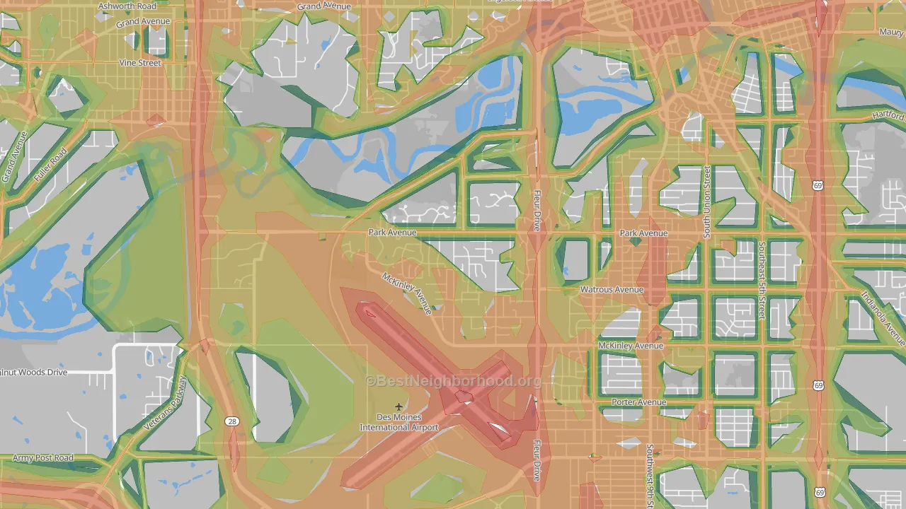 Southwestern Hills, Des Moines, IA Map of Noise Levels in Southwestern Hills