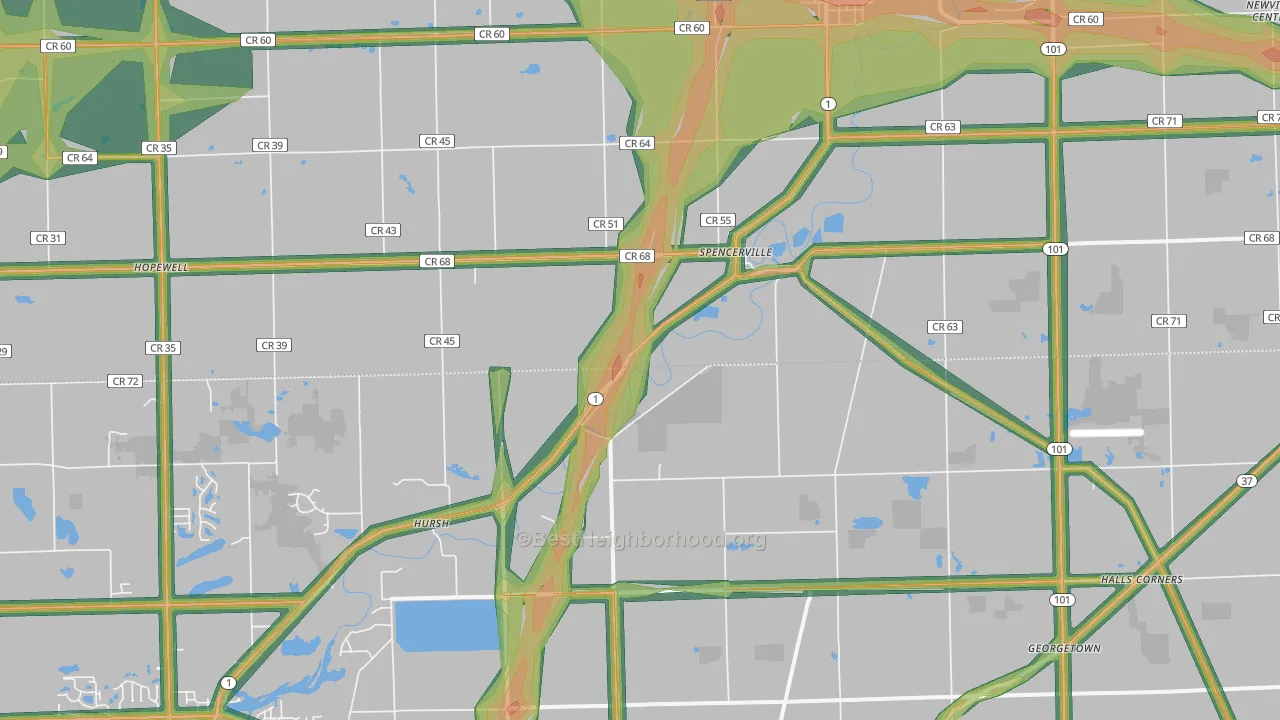 Spencerville, IN Map of Noise Levels in Spencerville