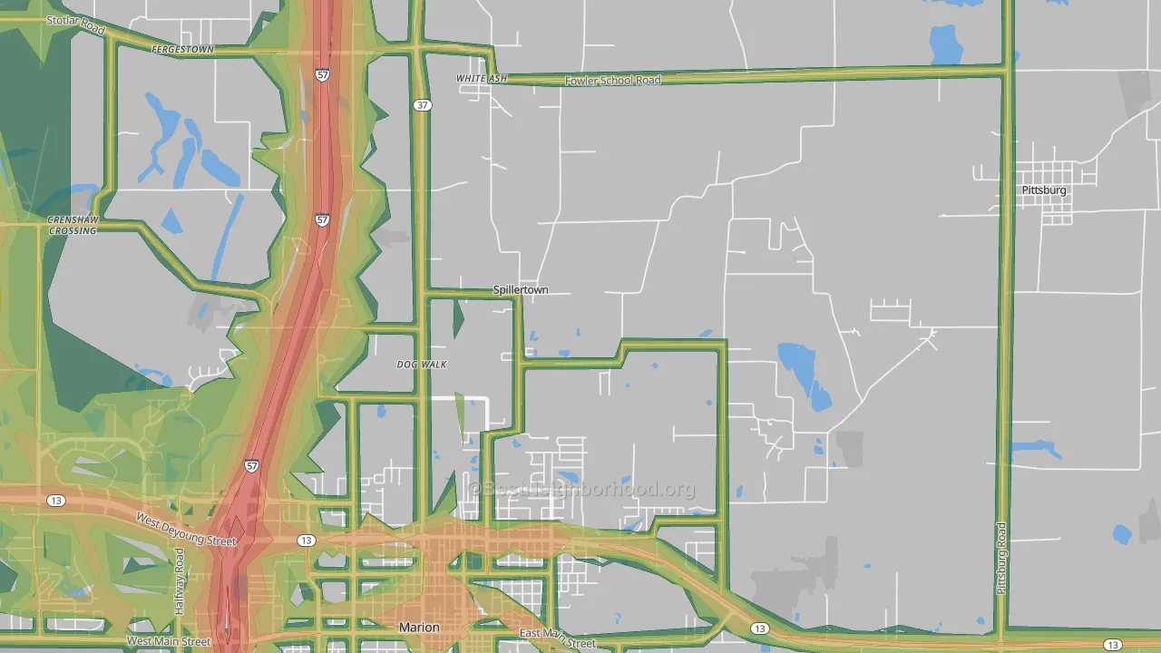 Spillertown, IL Map of Noise Levels in Spillertown