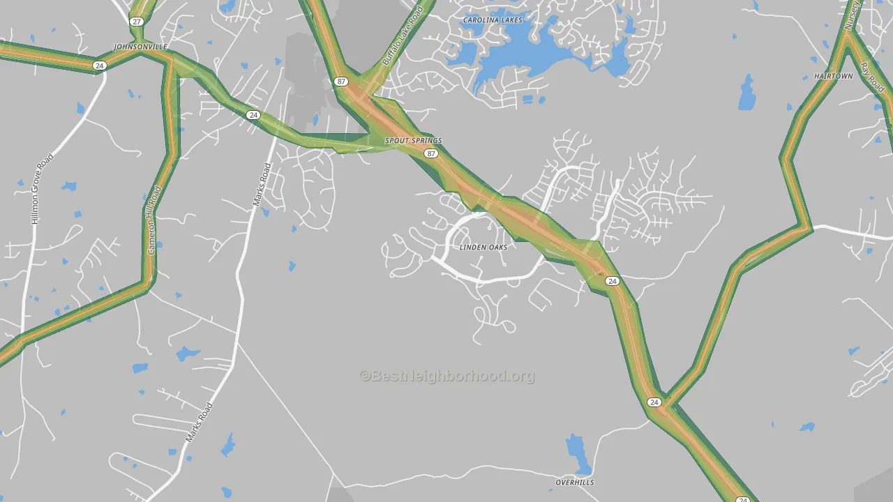 Spout Springs, NC Map of Noise Levels in Spout Springs