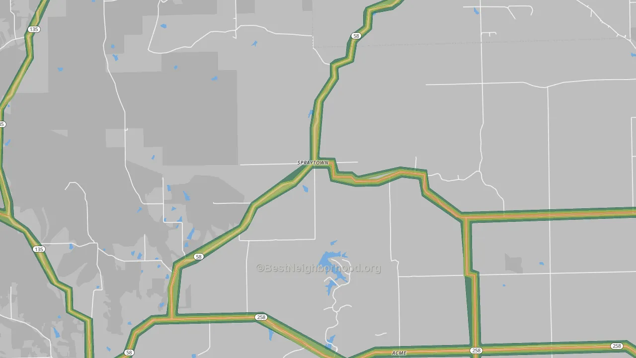 Spraytown, IN Map of Noise Levels in Spraytown