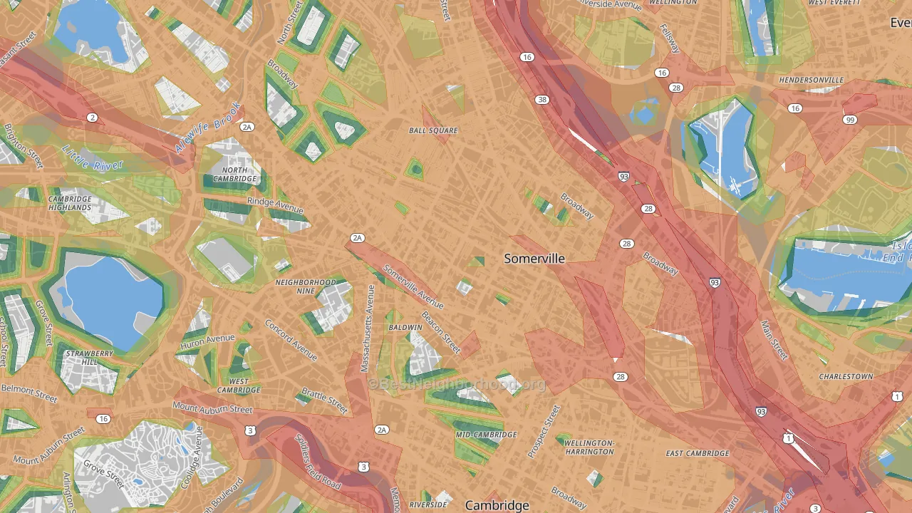 Spring Hill, Somerville, MA Map of Noise Levels in Spring Hill