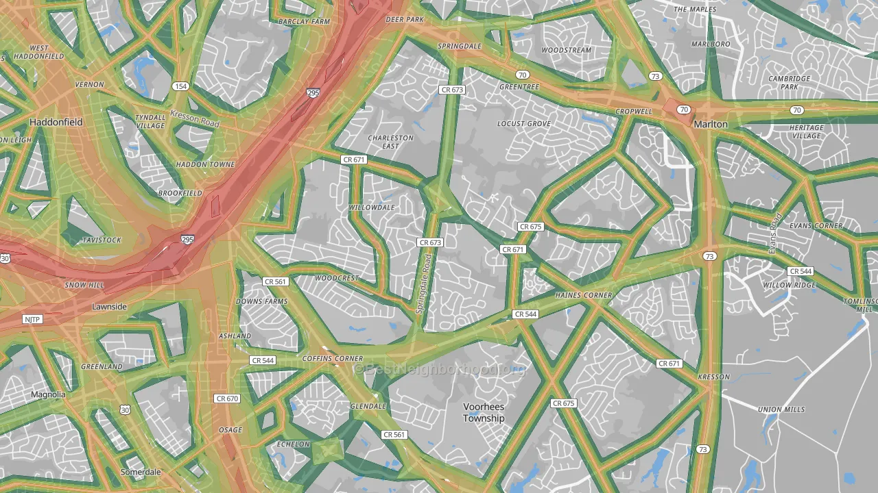Springdale, NJ Map of Noise Levels in Springdale